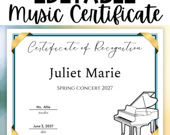 Musik Recital Zertifikat EDITIERBARE Vorlage für Klavier Recital Music Award Druckbare Zertifikat Anerkennung der Leistung
