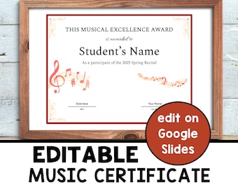 EDITIERBARE Klaviermusik Konzert Recital Zertifikat Vorlage - DIY 8,5 x 11 Printable Achievement Anerkennung