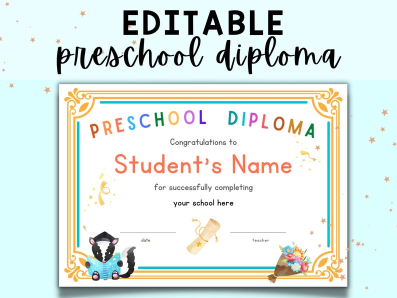 EDITABLE Preschool Diploma Certificate Template Printable - Etsy