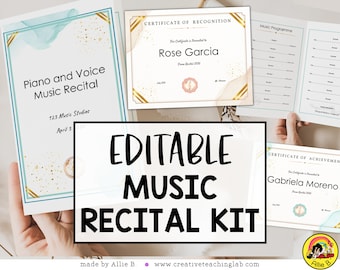 Bearbeitbare Musik Klavier Violine Band Konzert Recital Vorlagen mit Programm-Einladungen Zertifikate