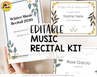 Klavier Recital Programm Bearbeitbare Vorlage für Musik Recital Konzert | Druckbare Aquarell Kunst