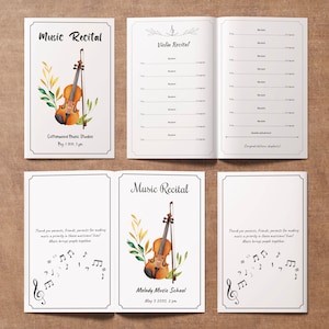 Peut inclure: Un programme pour un récital de musique avec une illustration aquarelle d'un violon et de notes de musique. Le programme est pour Cottonwood Music Studio et est prévu pour le 1er mai 2023 à 13h00.