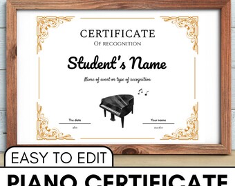 EDITIERBARE Klavierabend-Musikzertifikat-Konzertvorlage - Druckbare DIY 8,5 x 11 Anerkennungsurkunde Sofortiger digitaler Download