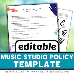Op de afbeelding: Een sjabloon voor muziekstudiovoorschriften met de tekst "Studio Policies 2021 / 2022" en "editable" in een zwarte rechthoek. De sjabloon bevat secties voor verantwoordelijkheden, collegegeld en zomerlessen. De onderste banner luidt "Music Studio Policy Template".