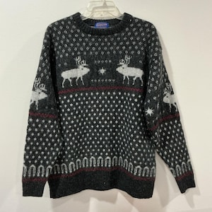 Vintage Pendleton Wool Sweater Mens XL Grey Snowflake Deer Nordic Knit Pullover image 1