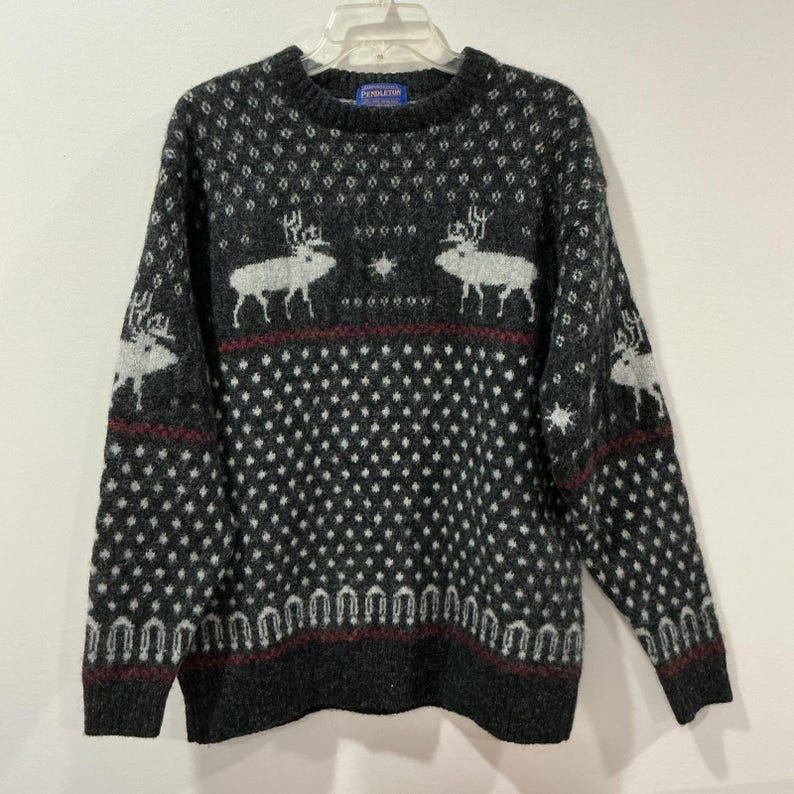 Vintage Pendleton Wool Sweater Mens XL Grey Snowflake Deer Nordic Knit Pullover image 1