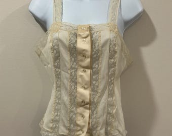 Vintage Champagner Satin Spitzenbesatz Camisole Button Up Top Dessous Kokette Fee