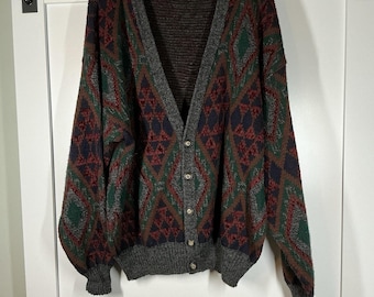VTG Sears Roebuck Co Knit Cardigan Sweater L Gray Argyle Wool Blend 80s Grandpa