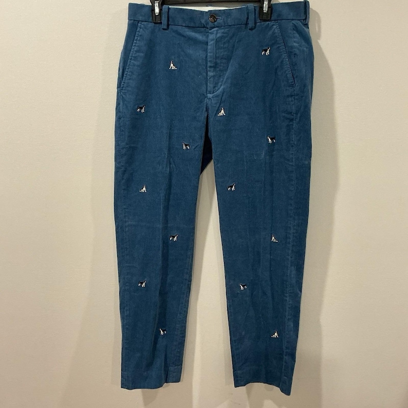 Vintage Brooks Brothers Hudson Mens Blue Embroidered Dog Corduroy Pants 34 X 30 image 1