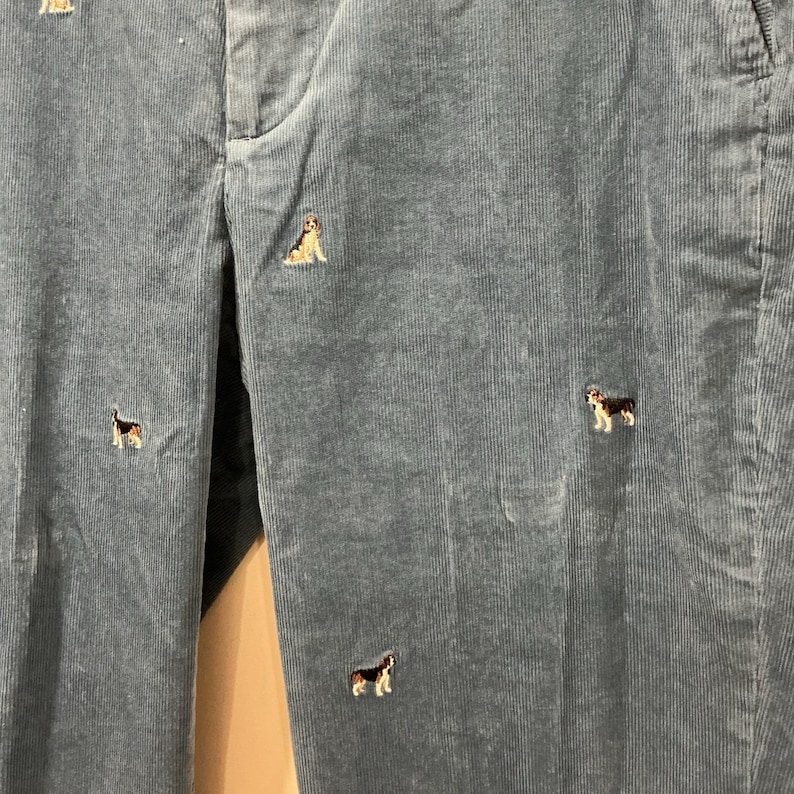 Vintage Brooks Brothers Hudson Mens Blue Embroidered Dog Corduroy Pants 34 X 30 image 3