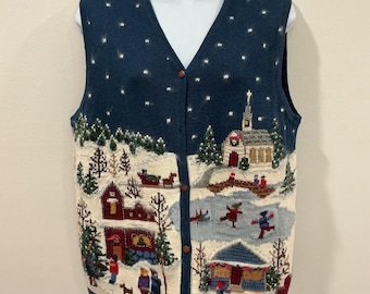Marisa Christina Vintage Christmas Sweater Vest Medium Y2K Cottage Winter Scene