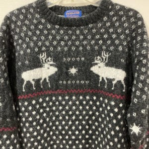 Vintage Pendleton Wool Sweater Mens XL Grey Snowflake Deer Nordic Knit Pullover image 3