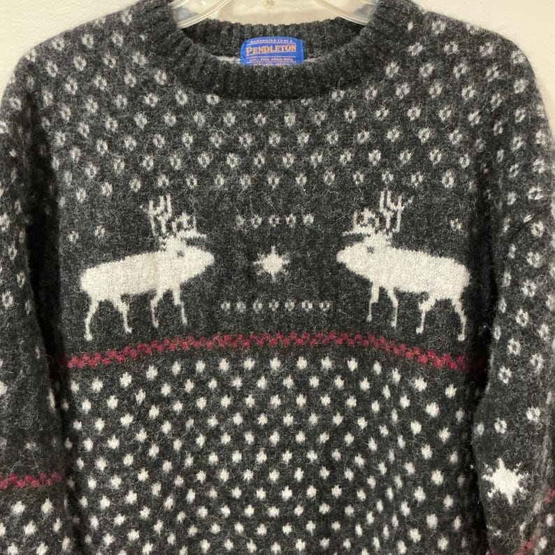 Vintage Pendleton Wool Sweater Mens XL Grey Snowflake Deer Nordic Knit Pullover image 3
