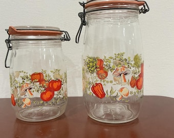 ARC France Vintage Spice Of Life paddenstoel groente glazen pot set van 2, jaren 1970