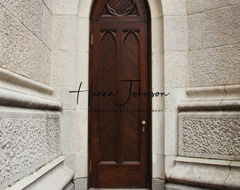 May include: A wooden door with a pointed archway, set into a stone wall. The door is brown and has a carved design. The wall is made of light gray stone blocks.