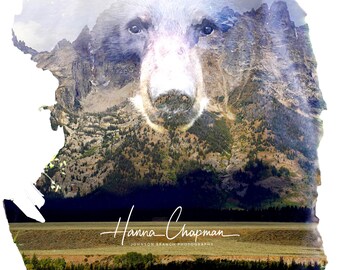 May include: A digitally enhanced image featuring a bear's face superimposed over a mountain landscape. The bear's fur is light, and the mountains are detailed with trees and a lake. The image includes the text "Hanna Chapman" and "JOHNSON BRANCH PHOTOGRAPHY".