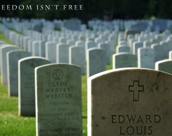 May include: A row of gray headstones in a cemetery with the text "FREEDOM ISN'T FREE" at the top of the image. The headstones have names and dates inscribed on them. One headstone reads "CLYDE HARVEY WEBSTER" and another reads "EDWARD LOUIS".