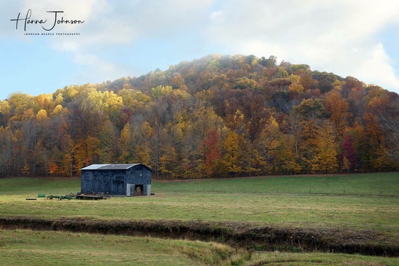 Appalachian Fall Foliage Print: Kentucky Tobacco Barn Landscape