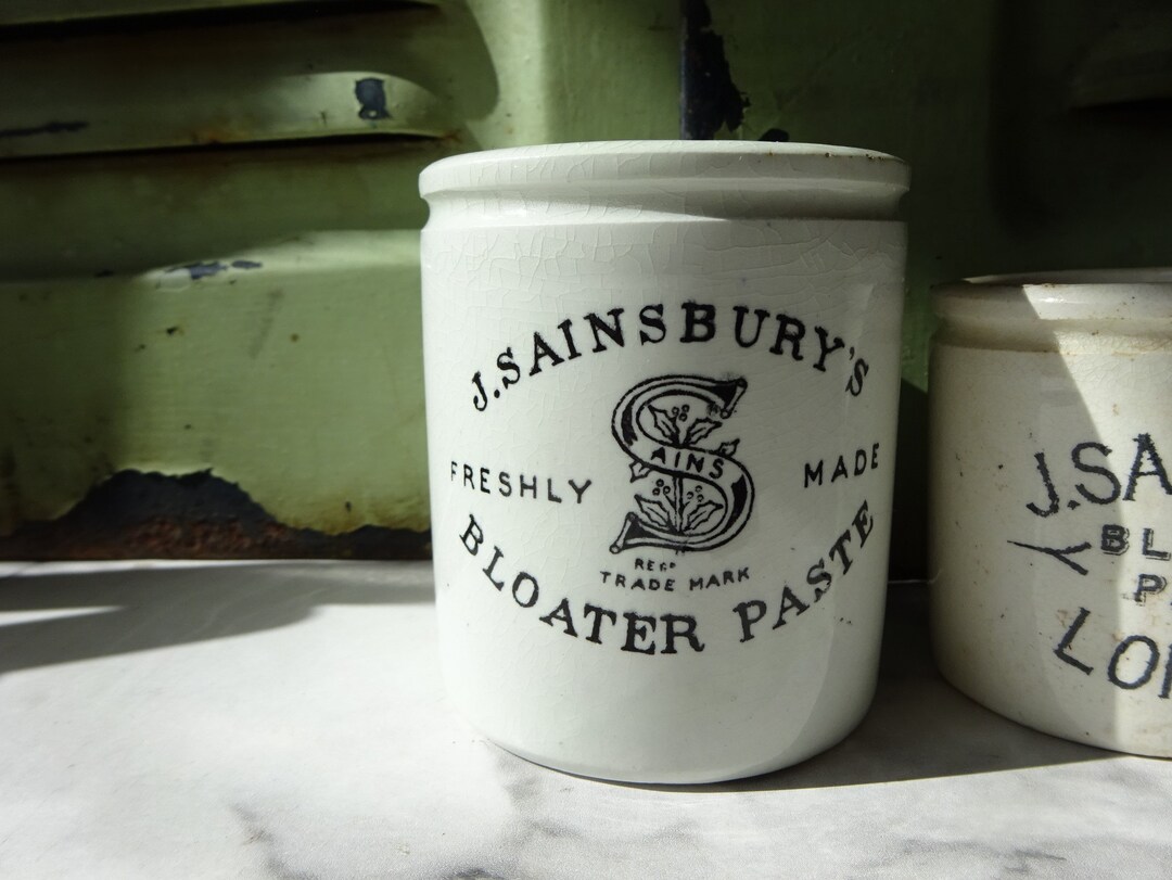 Antique English Stoneware Sainsburys Bloater Paste Pot Jar Large Ceramic Kitchenalia Vintage