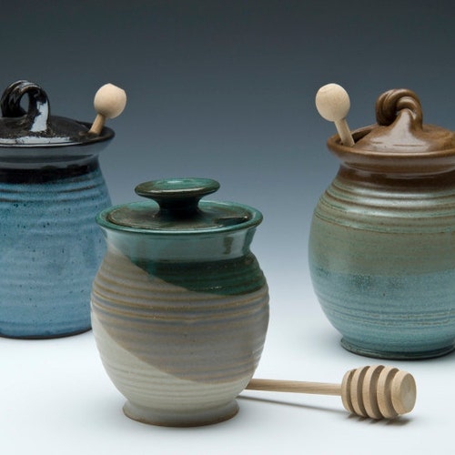 Pottery Honey Jar or Sugar Dish pick Your Color FREE Etsy