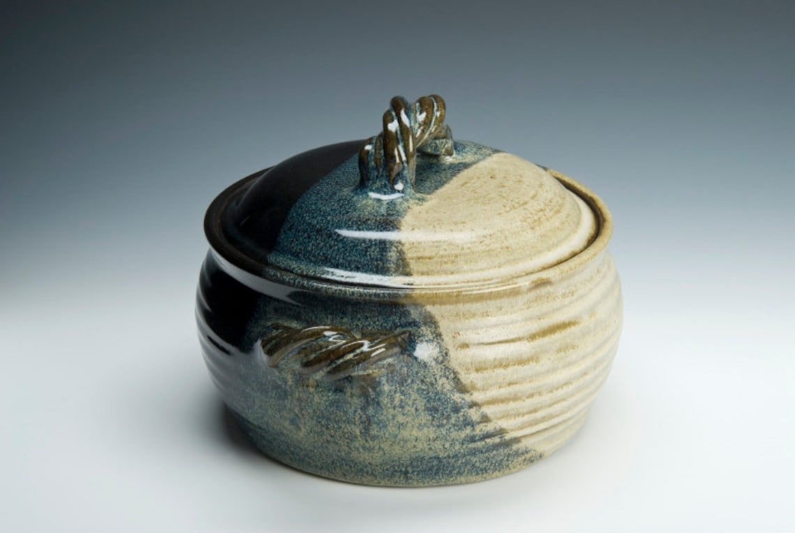 Lidded Pottery Casserole Dish With Twisted Strap Handle Etsy