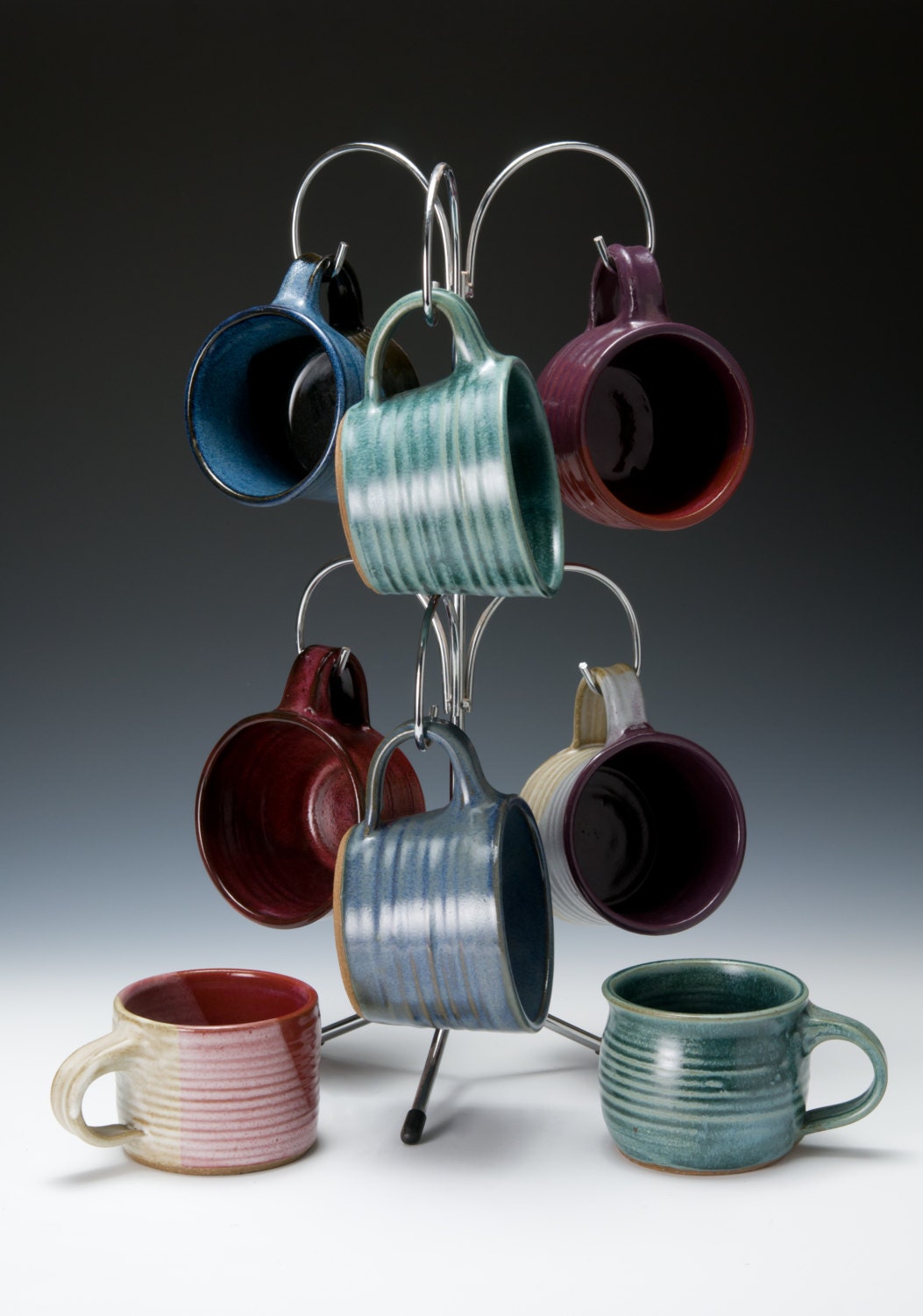Set of 4 wheel-thrown pottery espresso cups in a variety of shapes. E…