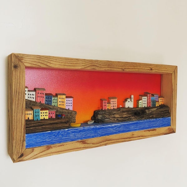 Cinque Terre landschap, houten kist, miniatuur landschap, houten huizen, Riomaggiore, Manarola, Vernazza, Monterosso, Italië