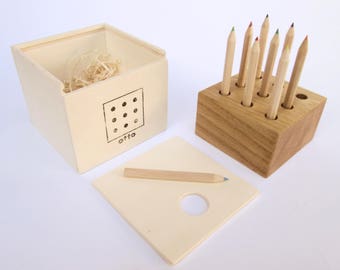 Wooden pencil holder OTTO, pen holder, tic tac toe, paperweight, table game, kid toys, home and living, home decor, desktop accessories