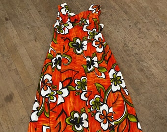 Vintage Hawaiian maxi dress by island togs Maui 70s 60s orange white flowers floral