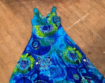 Vtg maxi dress hawaiian tiki blue ocean flowers by two potato faux bark cloth