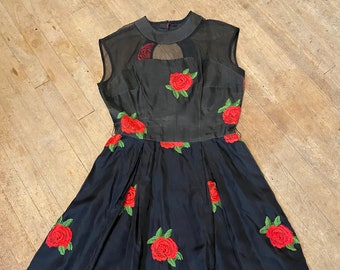 Black rose embroidery illusion bust and keyhole back cocktail dress 50s 1950s waist 28"