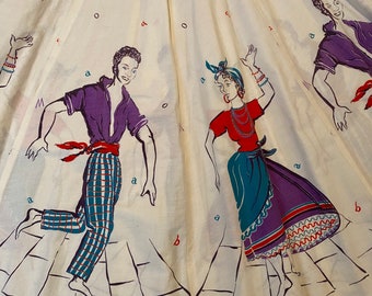 Vintage 50’s circle skirt mambo dancers in white 27” waist novelty border print