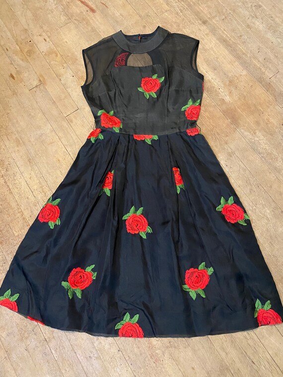 Black Rose Embroidery Illusion Bust and Keyhole Back Cocktail Dress 50s  1950s Waist 28" - Etsy