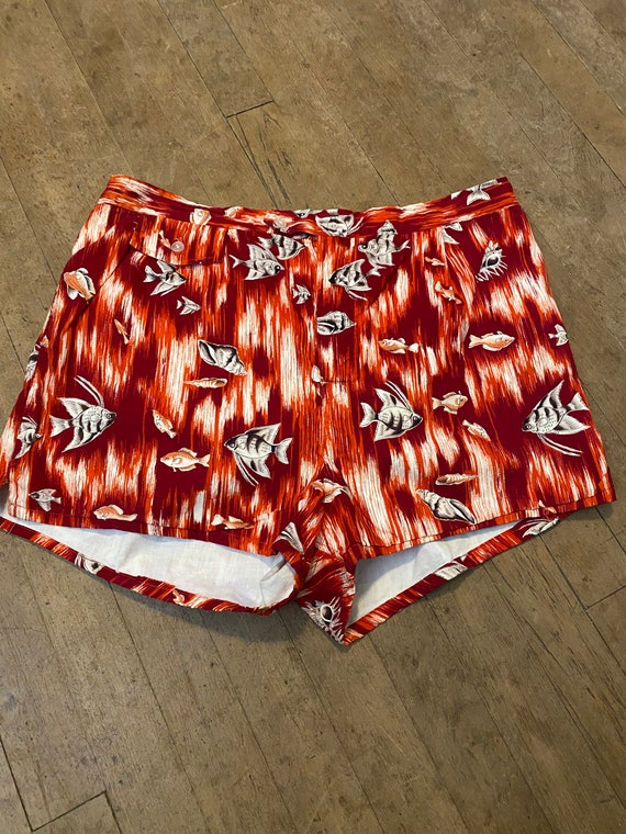 Vintage 1950s red swim trunks fish made in Japan XL