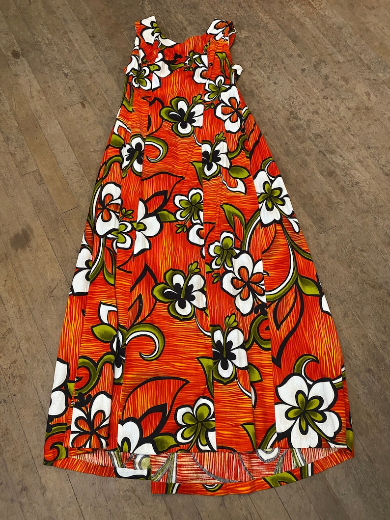 Vintage Hawaiian maxi dress by island togs Maui 70s 60s orange white flowers floral image 1