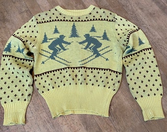 Vintage 50s ski sweater yellow fat waistband novelty