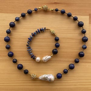 Lapis Lazuli Baroque Pearl Statement Necklace, Chunky Necklace
