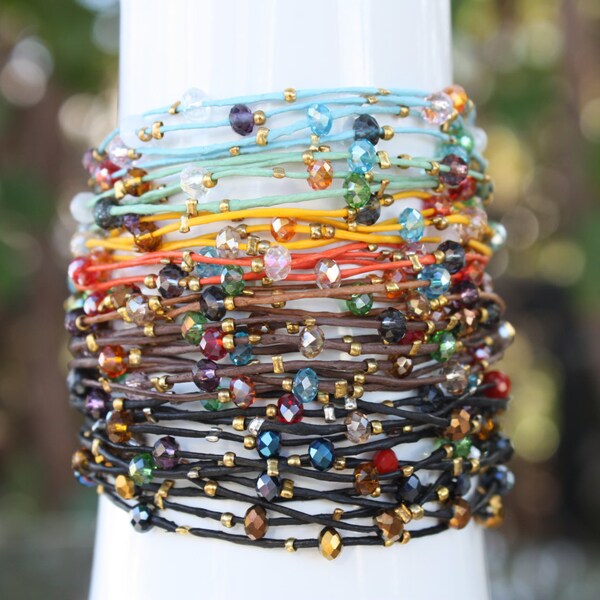 Crystal, Leather ,Boho Bracelet. . Multistrand-2