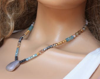 Summer Boho Necklace, Delicate Faceted Semi Precious Gemstones