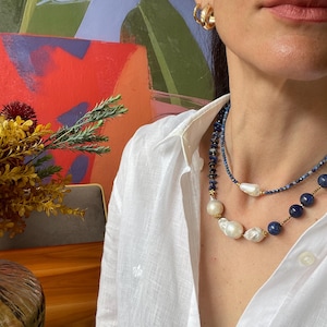 Lapis Lazuli Baroque Pearl Statement Necklace, Chunky Necklace