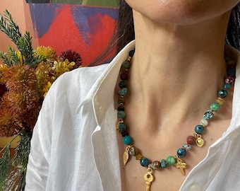 Gold Beaded Charm Necklace,Boho Statement Mixed Gemstone  Neclace
