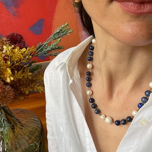 Lapis Lazuli Baroque Pearl Statement Necklace, Chunky Necklace