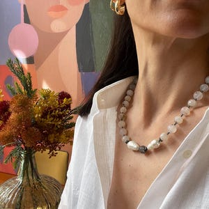 Chunky  Stone Necklace, Matte  Agate and Baroque Pearl  Beaded Necklace, Summer Jewelry