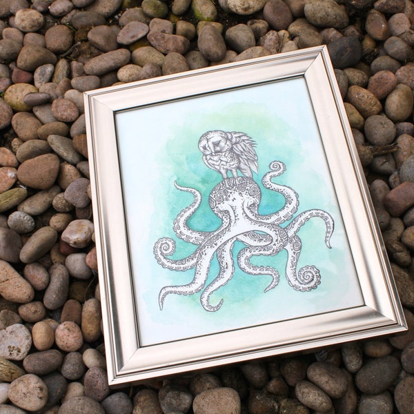 An Unlikely Pair: Owl & Octopus with watercolor