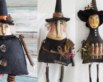 3 Instant Downloads EPATTERN Folk Art Primitive Halloween Herb Witch Doll Pattern