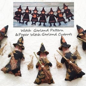 Primitive Folk Art Witch Pattern Articulated Witch Paper Garland DIY Witch Garland Decor Halloween Witch Craft Instant Digital Download