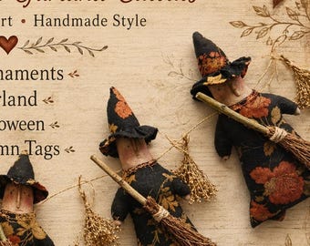 May include: A digital download pattern featuring the text WITCH GARLAND PATTERN & Paper Witch Garland Cutouts. The image displays four fabric witch dolls with black and orange leaf-patterned dresses, pointed hats, and small straw brooms.