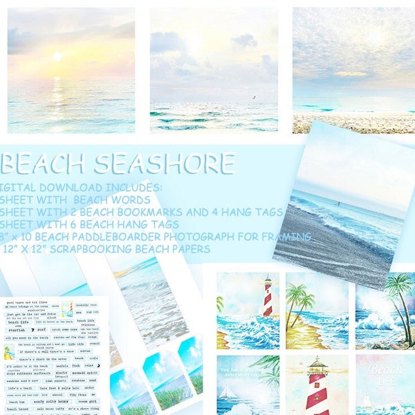 Immediate Printable Beach Seashore Ocean Art Words Mixed Media Digital Collage Sheet Download for Scrapbooking Home