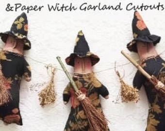 Folk Art Witch Garland Pattern Primitive Halloween Decor Digital Download