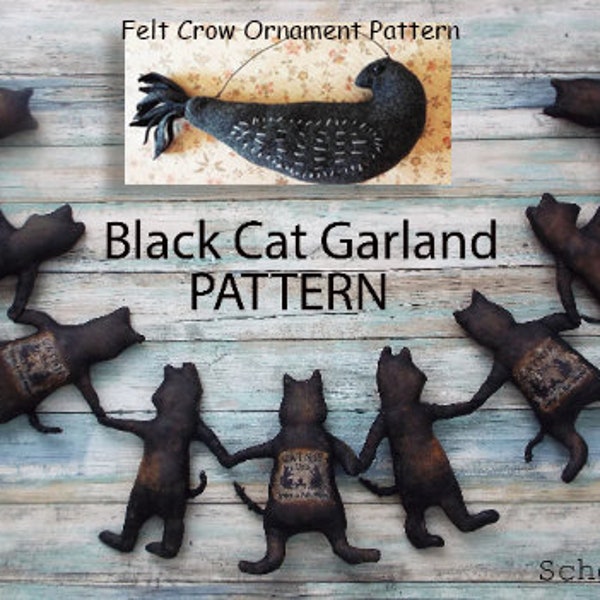 Instant Download E-pattern Folk Black Cat Doll Pattern Garland Decor Halloween Country Primitive Art